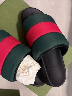 Padded Slide Sandals in Dark Green and Red